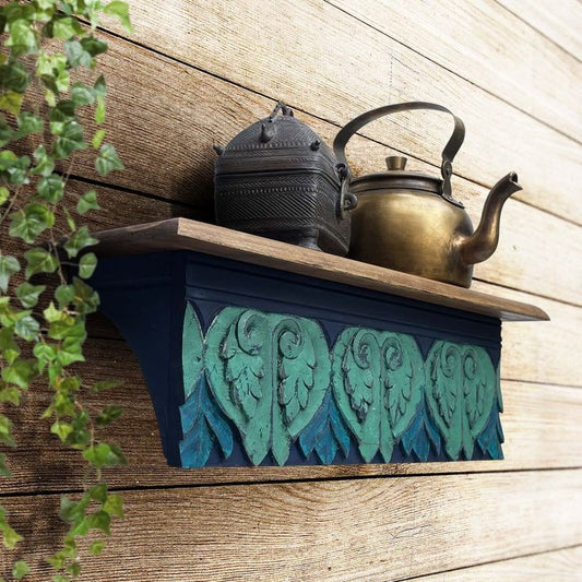 Vintage Blue Hand Carved Wooden Wall Shelf