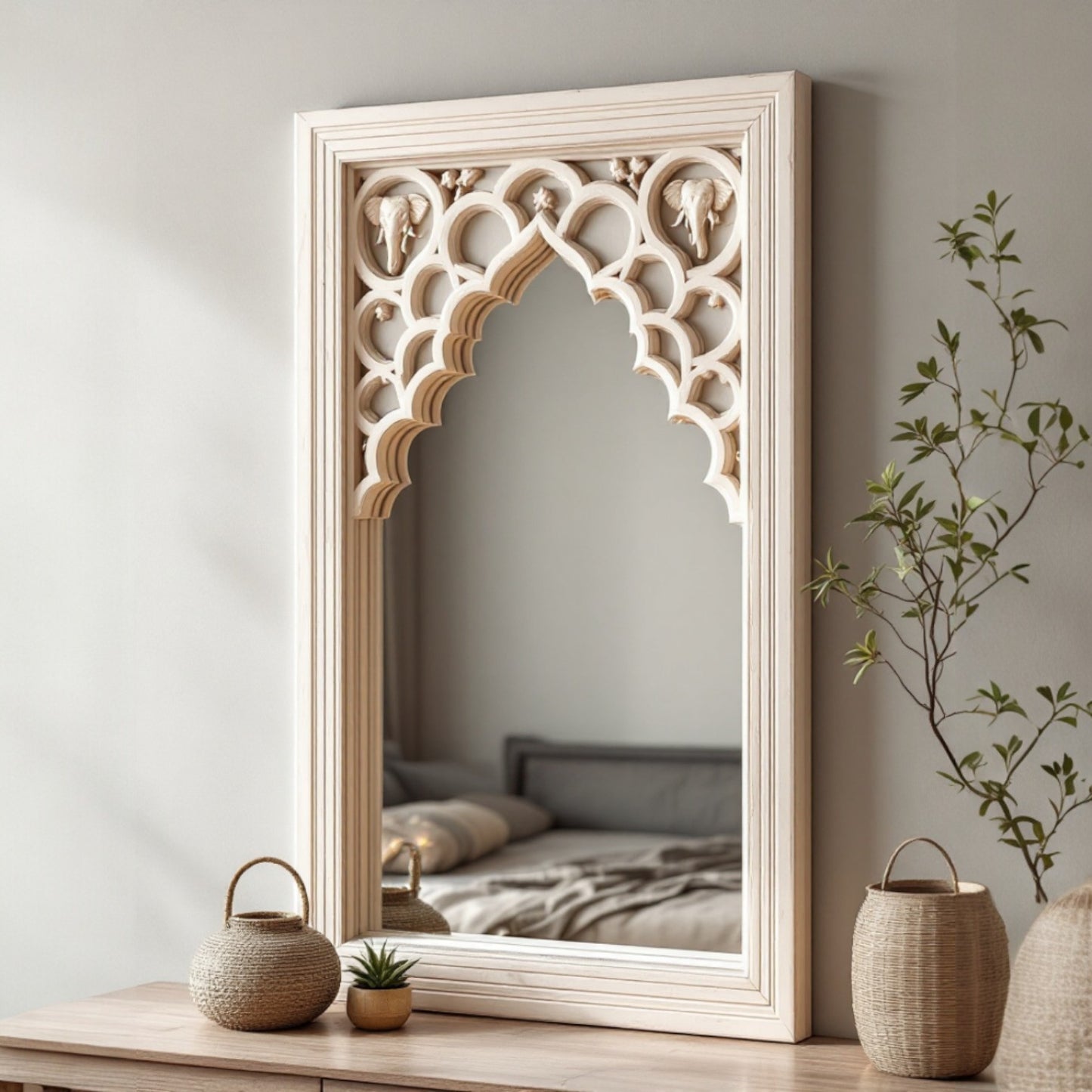 100x50 cm whitewashed full-length carved luxury mirror with intricate wooden frame, perfect for adding sophistication to any living room, bathroom, or bedroom décor.