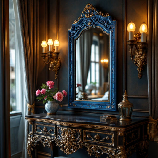 A luxurious 100x55 cm full-length mirror with a blue and golden arch carved frame, showcasing intricate craftsmanship and adding elegance to any space.