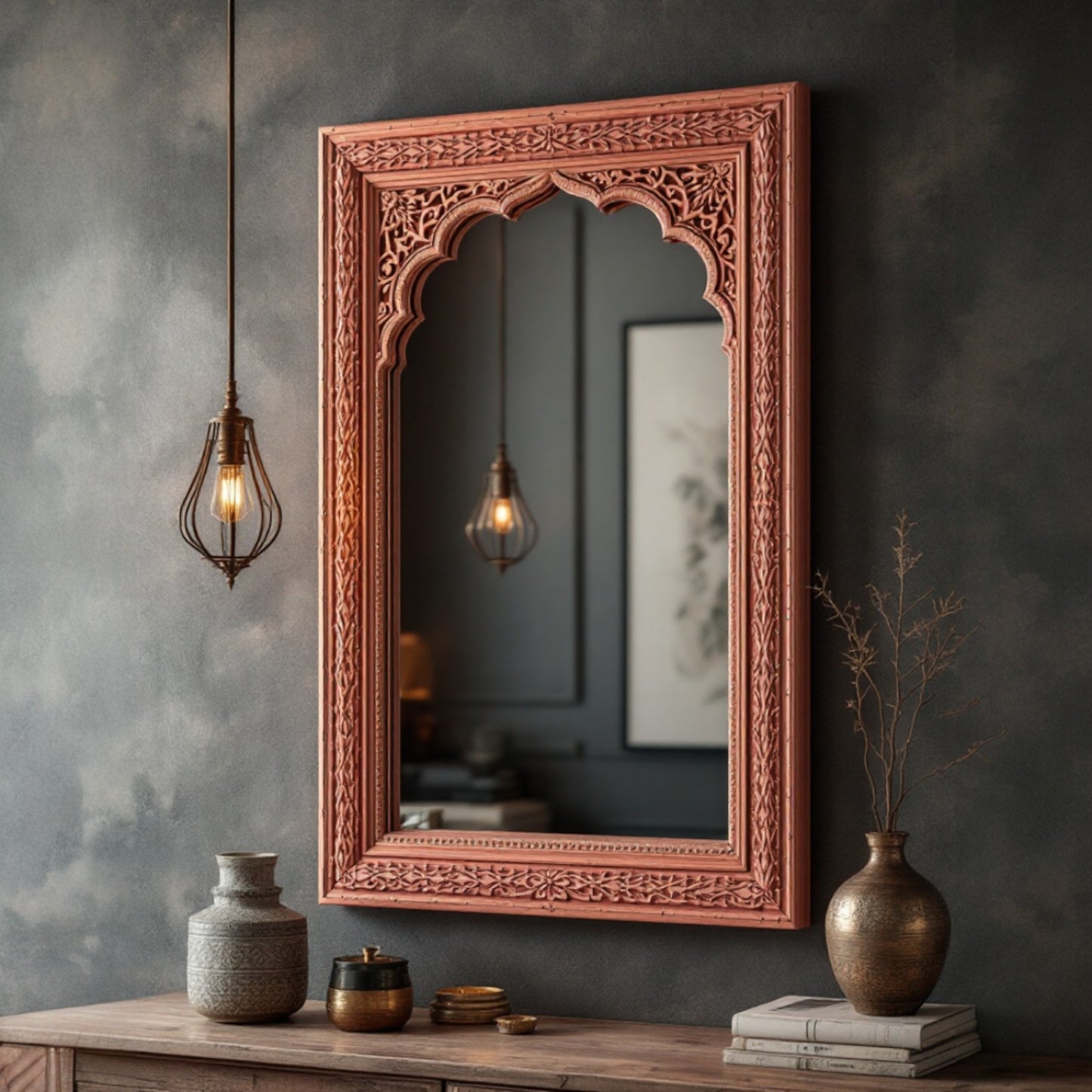 100x55 cm luxury pink arch carved mirror with handcrafted wooden frame, ideal for bathroom, living room, or vanity area.