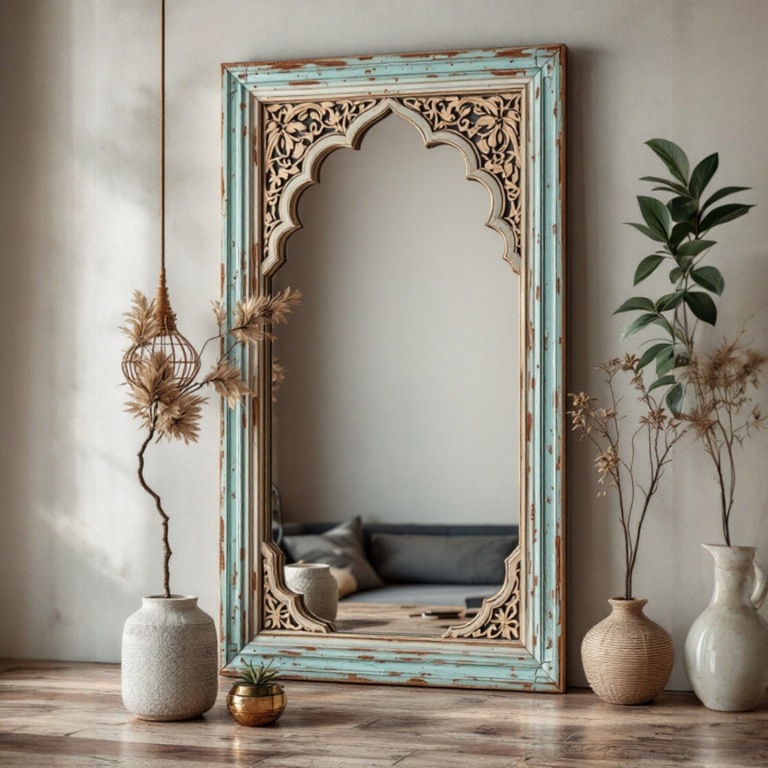 : A beautifully crafted 110x55 cm full-length mirror featuring a whitewashed mint golden wooden frame with intricate hand-carved detailing, perfect for enhancing any luxurious space like a bathroom, living room, or bedroom.