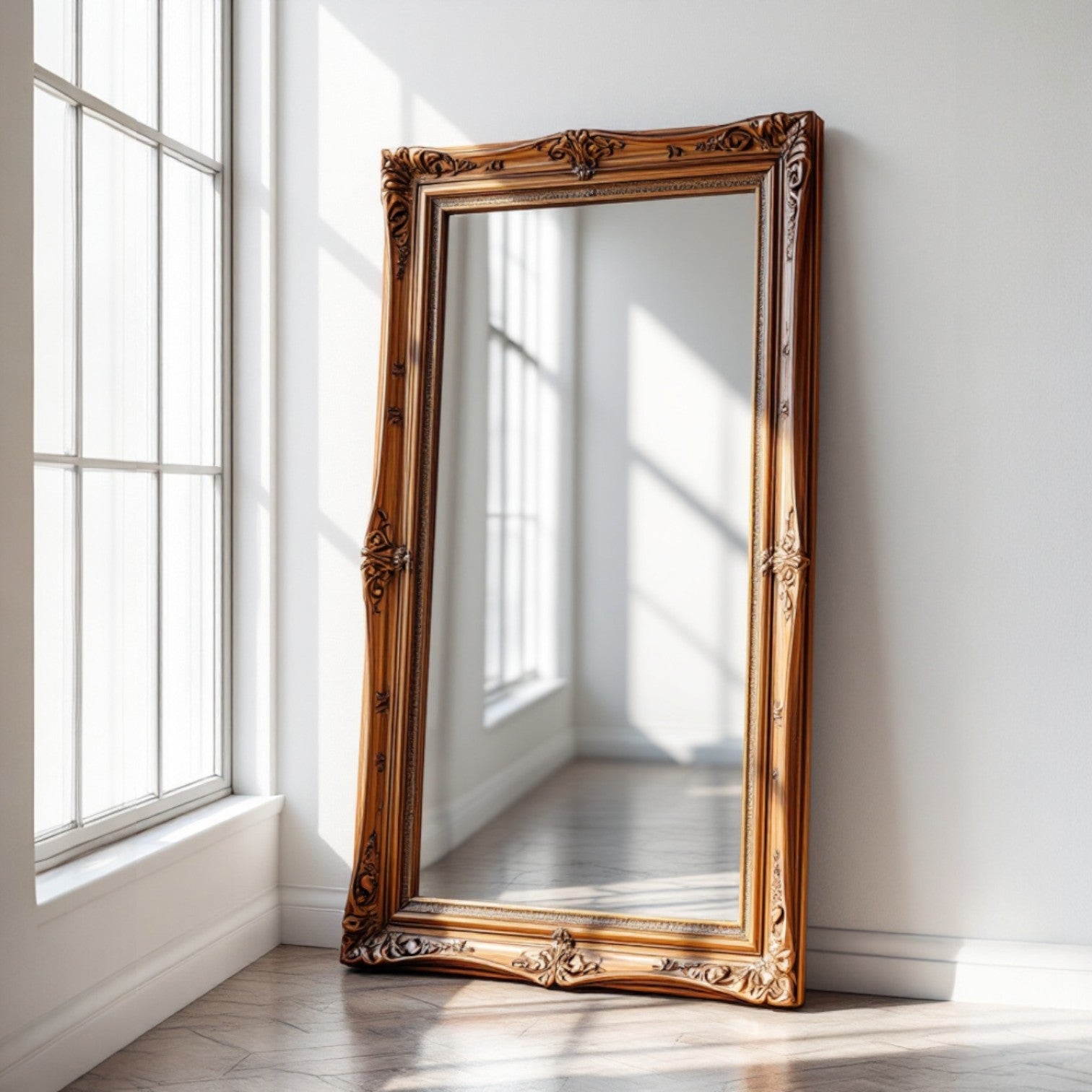 "Exquisite 120x75 cm Full-Length Walnut Brown Carved Mirror with Luxury Wooden Frame - Perfect for Bathrooms, Living Rooms, and Bedrooms