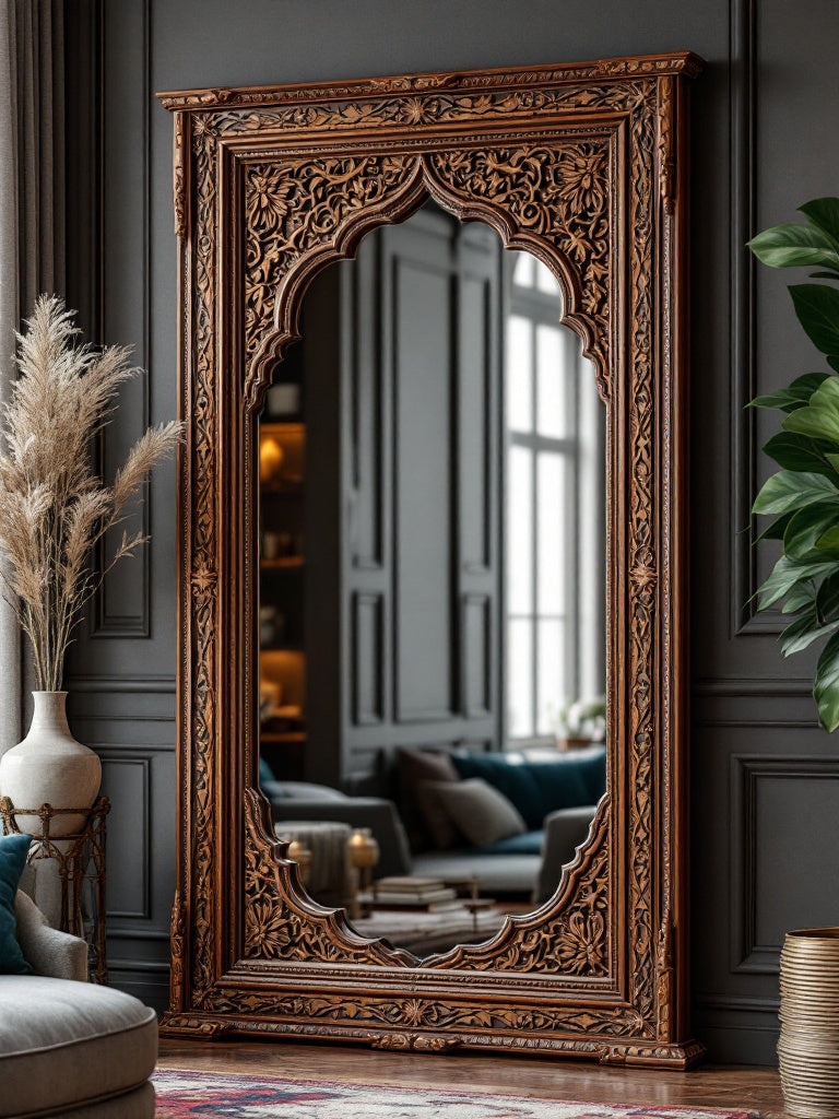 Full-length carved luxury mirror with a whitewashed wooden frame, perfect for living rooms, bathrooms, and bedrooms. This 150x90 cm handcrafted mirror combines traditional Indian craftsmanship with modern elegance.