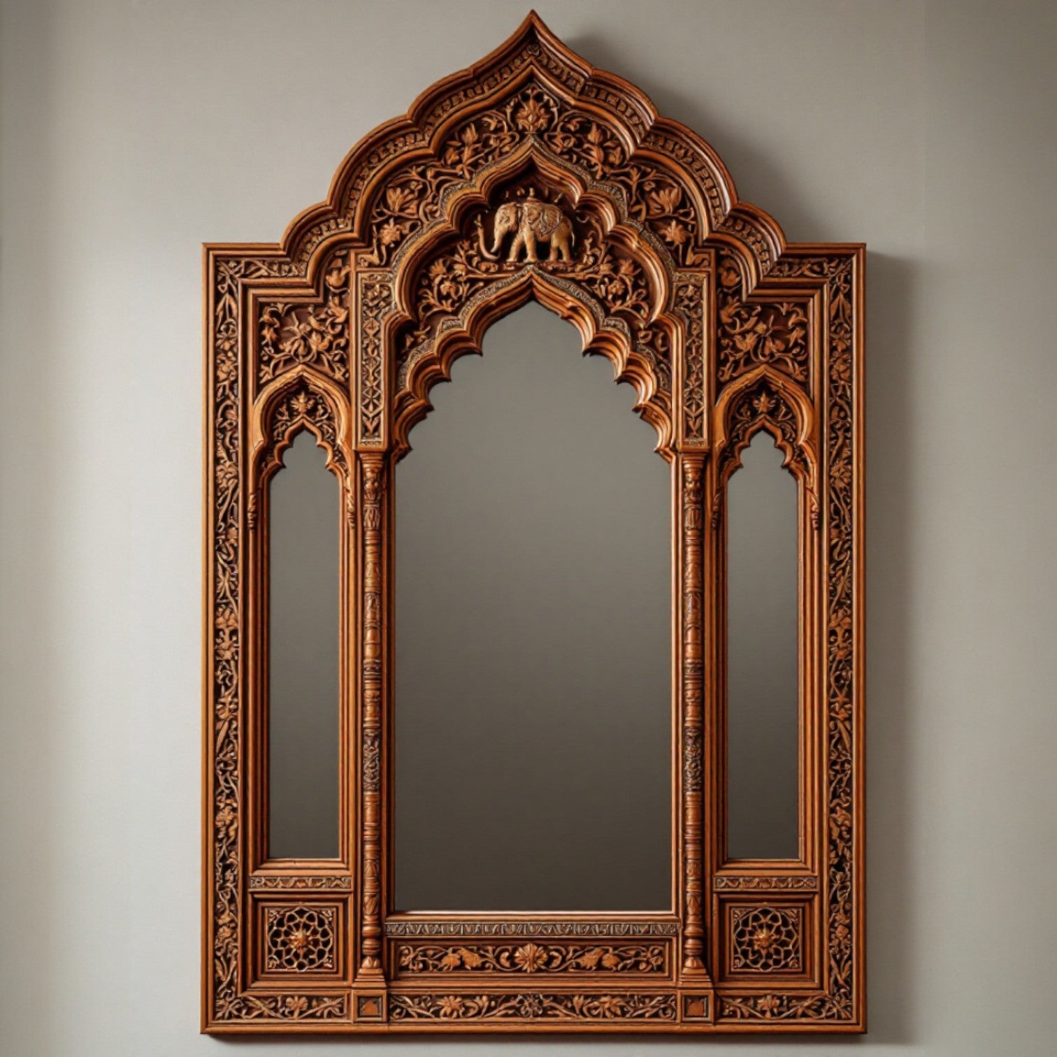 Three-arched full-length mirror with a hand-carved walnut brown wooden frame, featuring intricate detailing and a timeless design, perfect for luxury interiors and traditional Indian-inspired décor.