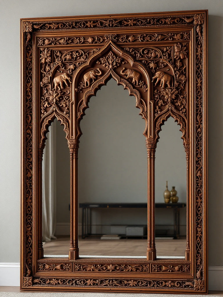 A stunning 160x90 cm full-length mirror with a three-arch Jharokha carved wooden frame, featuring intricate craftsmanship and a whitewashed finish. Perfect for luxury bathrooms, living rooms, and bedroom vanity areas.