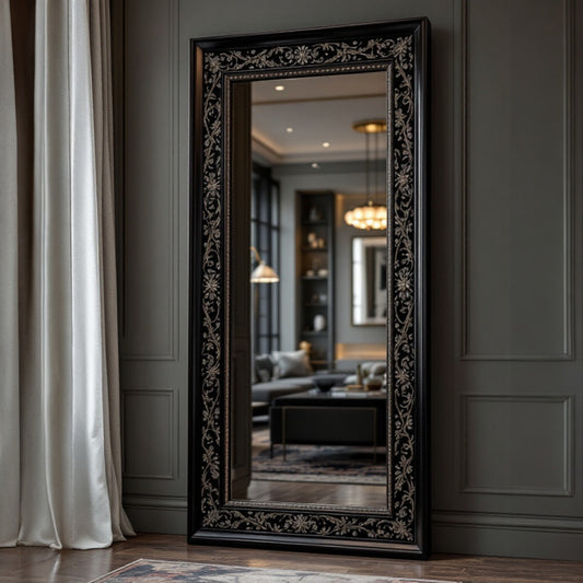 Elevate your space with the timeless elegance of this 180x90 cm black carved luxury mirror. Handcrafted frame, perfect for any room!