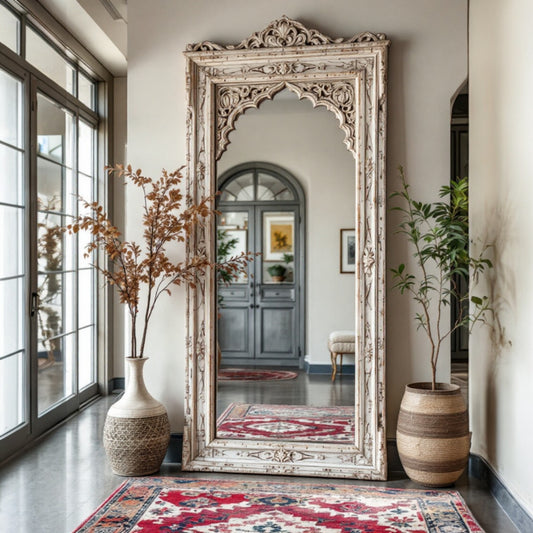 "180x90 Whitewashed Full-Length Carved Luxury Mirror with an Antique Wooden Frame – Perfect as a Statement Piece for Luxury Bathrooms, Living Rooms, Dressing Areas, and Entryways. Indian Jharokha-Inspired Design with Elegant Handcrafted Detailing, Ideal for High-End Wall Décor and Sophisticated Interiors