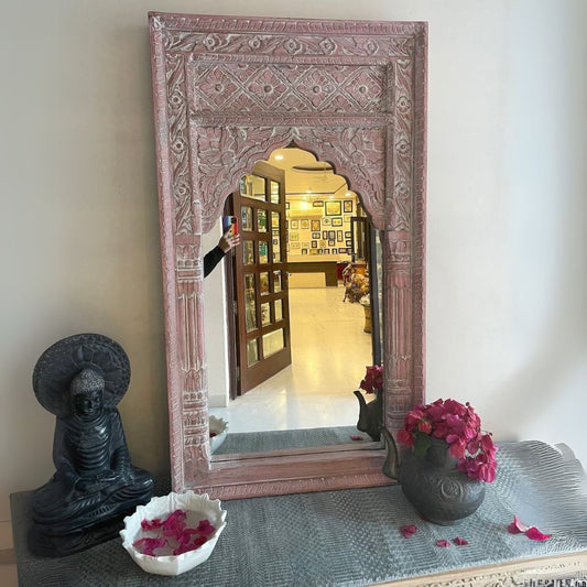 A beautifully carved large vintage mirror in a jharokha mirror frame, featuring intricate traditional Indian designs, perfect as a statement piece for wall decor or a dressing table