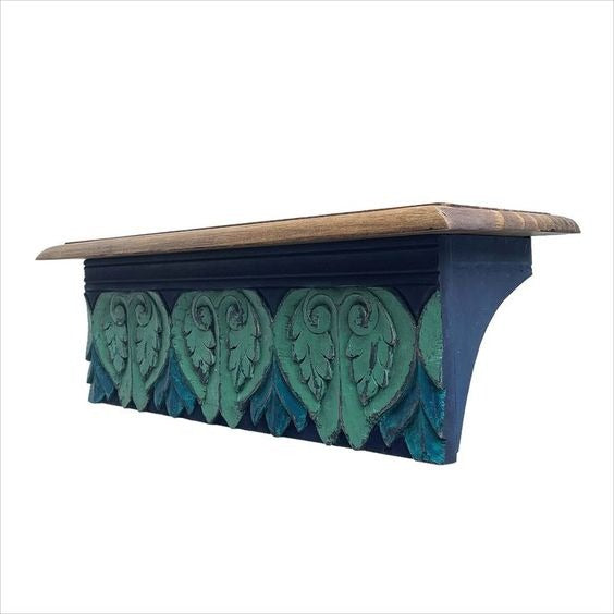 Vintage Blue Hand Carved Wooden Wall Shelf