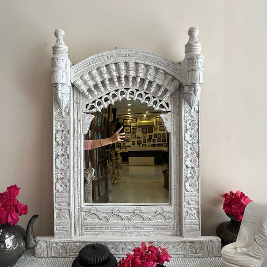 Jharokha Whitewash Mirror Frame | Vintage Decor