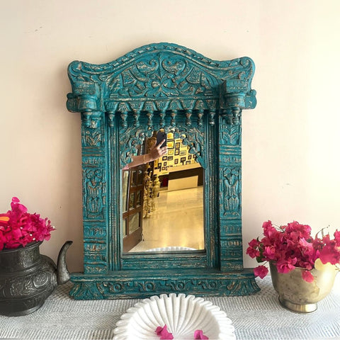 Indian Handcarved Wooden Wall Mirror | Jodhpur Vintage Style Mirror Frame