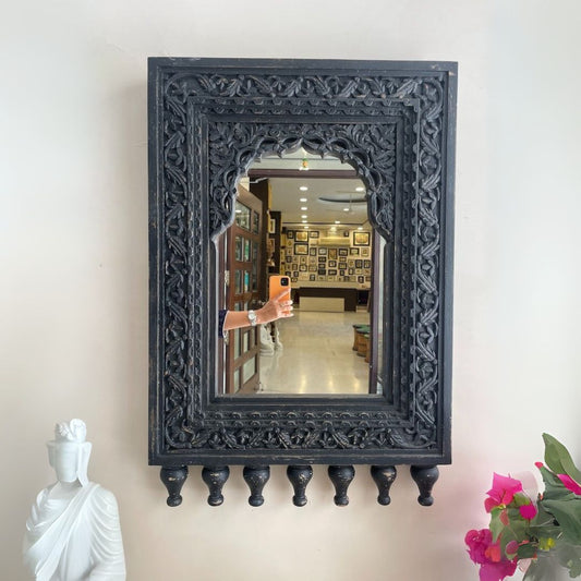 Indian Handcarved Wooden Jharokha Wall Mirror - Distressed Rustic Finish