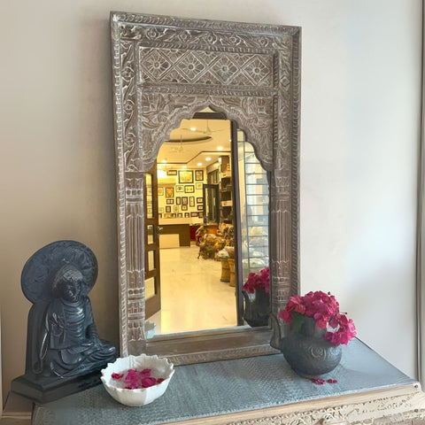 Indian Handcarved Wooden Wall Mirror Vintage Jharoka