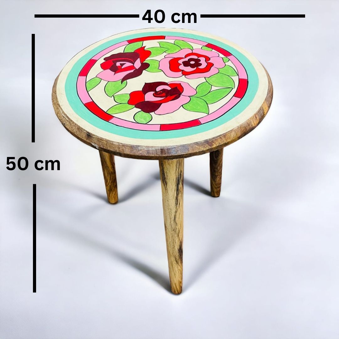 3 Rose Wooden Hand Painted Side Table