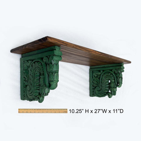 Green and Walnut Hand Carved Wooden Wall Bracket