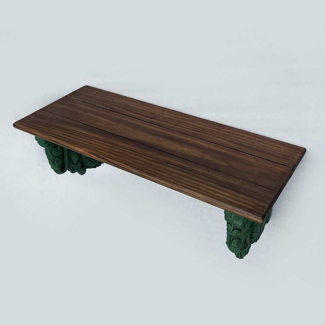 Green and Walnut Hand Carved Wooden Wall Bracket