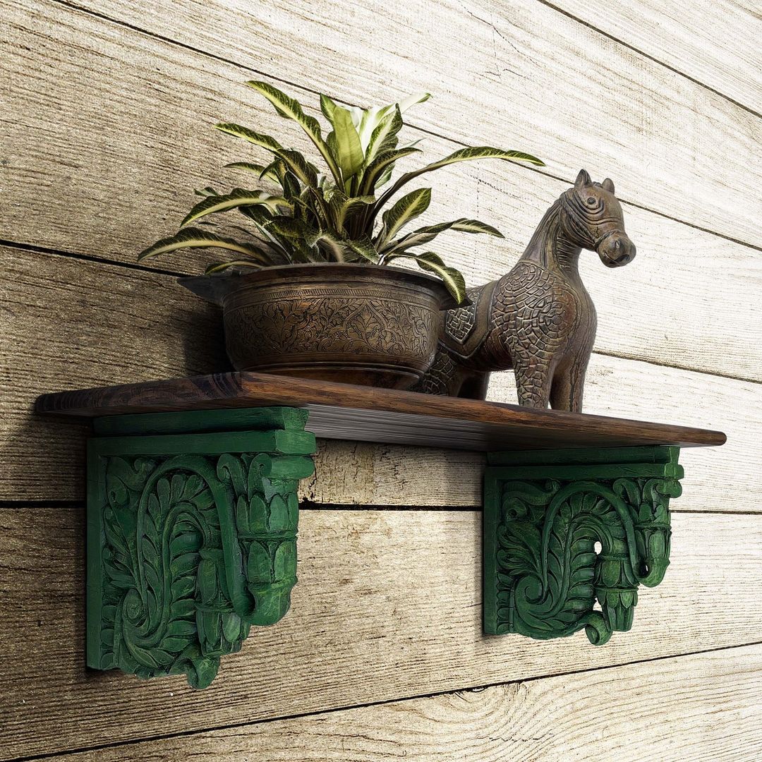 Green and Walnut Hand Carved Wooden Wall Bracket