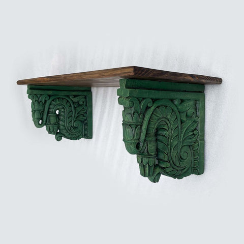 Green and Walnut Hand Carved Wooden Wall Bracket