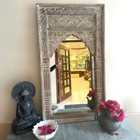 Indian Handcarved Wooden Wall Mirror Vintage Jharoka