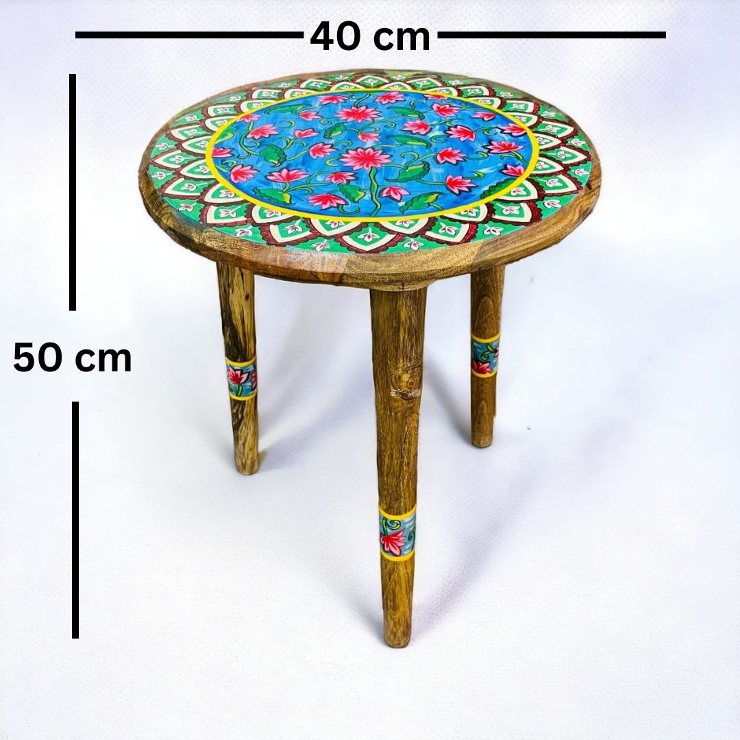 Lotus and Green Wooden Hand Painted Side Table