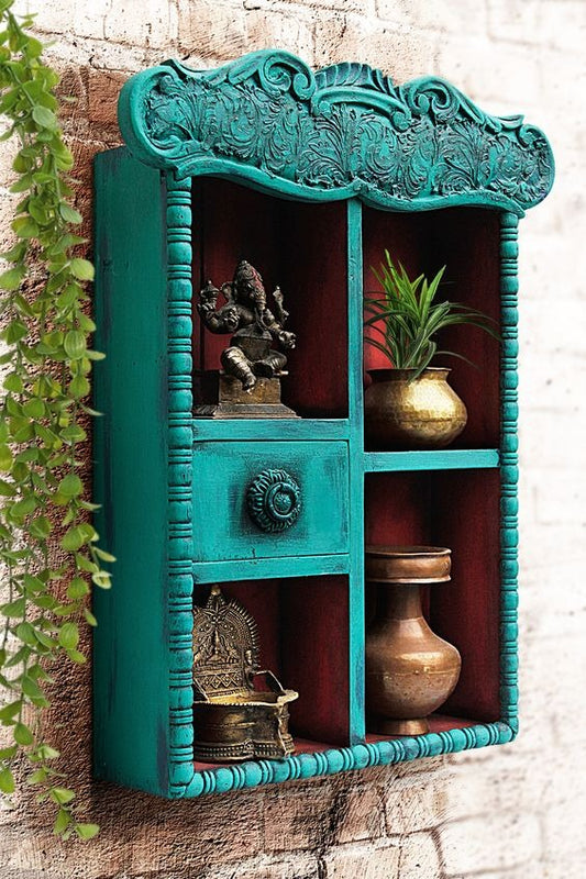 Vintage Blue Hand Carved Wooden Wall Shelf Cabinet