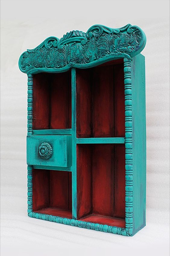 Vintage Blue Hand Carved Wooden Wall Shelf Cabinet