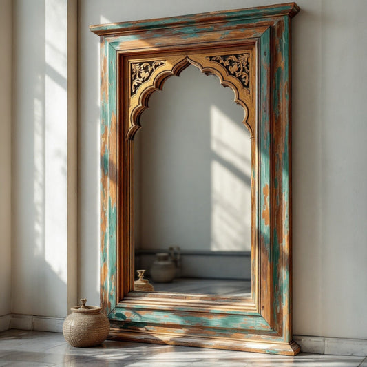 Elegant 80x40 cm full-length mirror with a luxurious golden bluewash carved wooden frame, showcasing intricate craftsmanship perfect for upscale home décor.