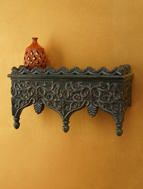 Grey Handcarved Mango Wood Wall Shelf