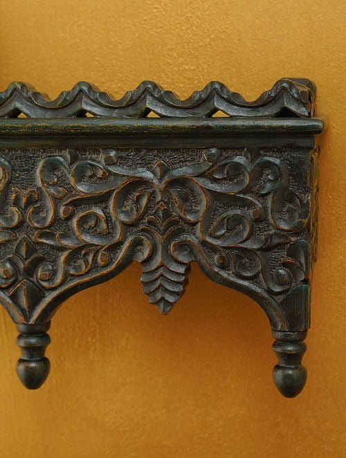 Grey Handcarved Mango Wood Wall Shelf