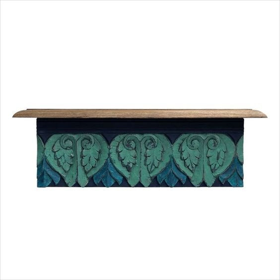 Vintage Blue Hand Carved Wooden Wall Shelf