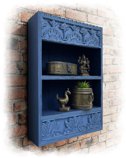 Vintage Rustic Blue Hand Carved Wooden Wall Shelf Cabinet