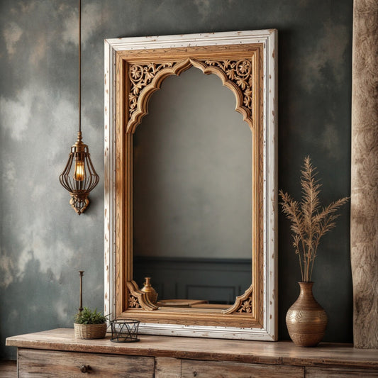 90x45 cm luxury full-length mirror featuring a hand-carved white and brown wooden frame, perfect for enhancing your bathroom, living room, or bedroom