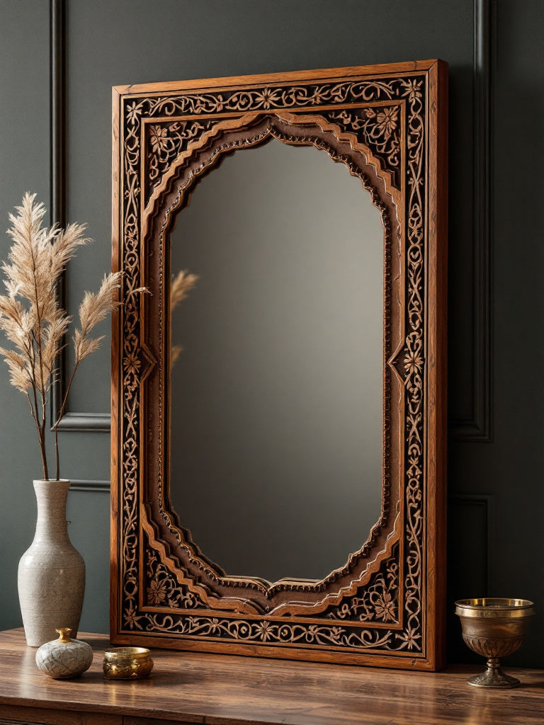 Luxury 90x50 cm full-length mirror with intricately carved wooden frame, perfect for bathrooms, living rooms, or bedroom vanity setups.