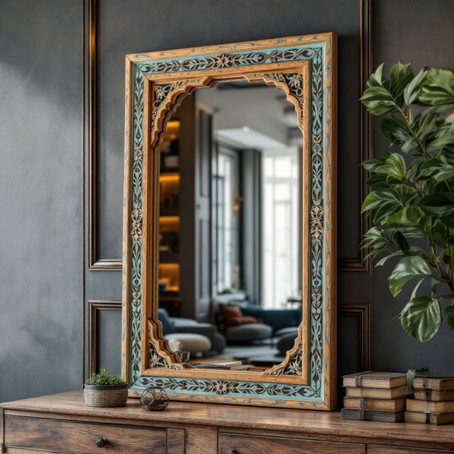 Full-length blue and gold arch Jharokha carved mirror with intricate wooden frame, perfect for luxury bathroom, living room, and bedroom décor.