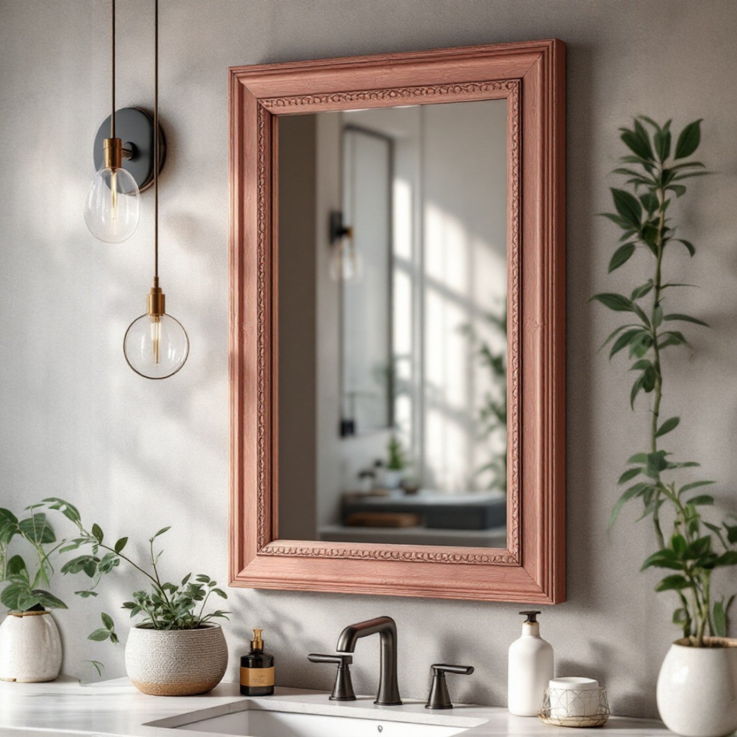 Luxury 90x50 cm pink carved full-length mirror with intricate detailing, showcasing handcrafted wooden frame perfect for sophisticated home décor.