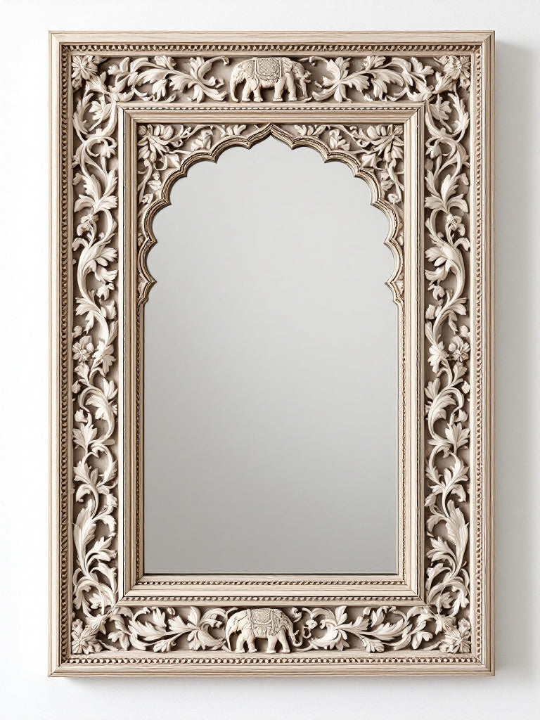 Elegant 90x60 cm full-length mirror with a hand-carved white elephant wooden frame, perfect for luxury bathrooms, living rooms, and bedrooms