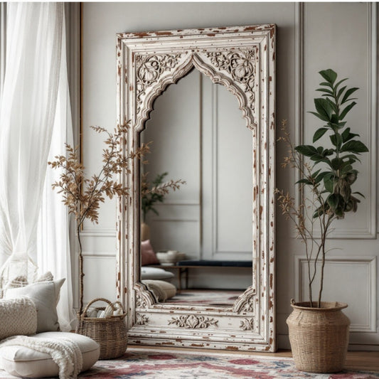 Whitewashed Carved Full-Length Luxury Mirror – Antique Wooden Frame for Elegant Décor