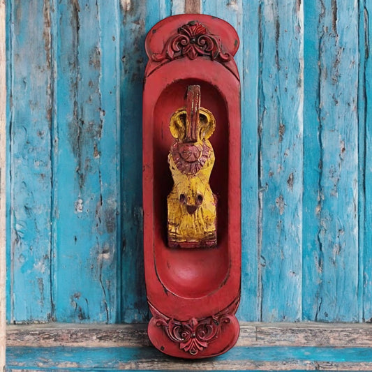 Rustic Wooden Horse Head Wall Sconce in red and gold tones, handcrafted with intricate details, displayed against a white background with a ruler for size reference (18.5”H x 5.25”W x 5”D).