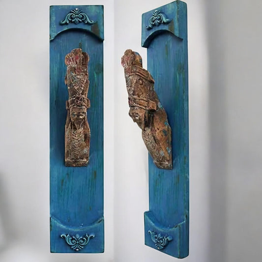 Rustic hand-carved blue wooden wall decor panels with intricate antique designs, perfect for adding vintage charm to your home.