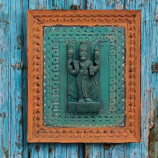 Antique wooden wall frame with intricate hand-carved details and green accent panel, measuring 14.25H x 12.25W x 2.5D, perfect for vintage home decor.