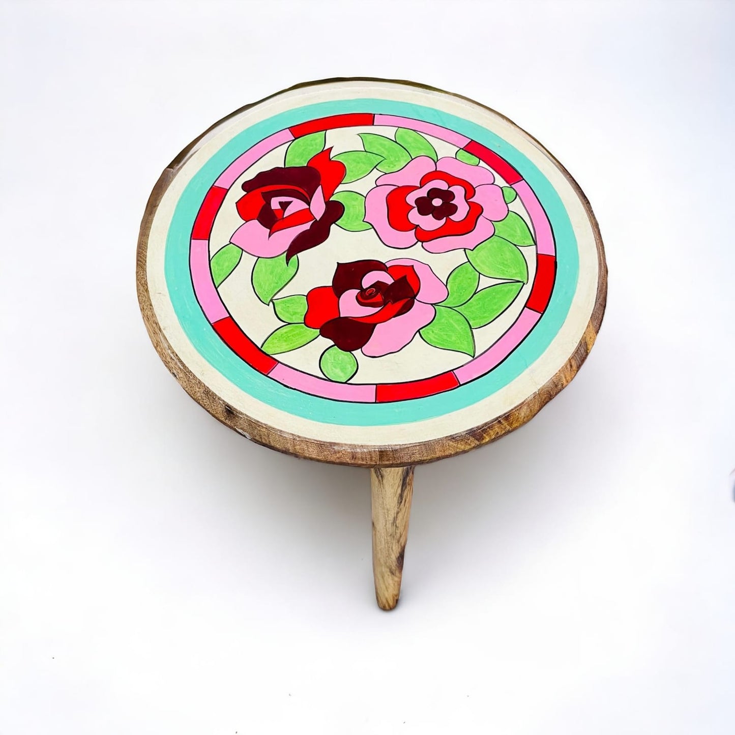 3 Rose Wooden Hand Painted Side Table