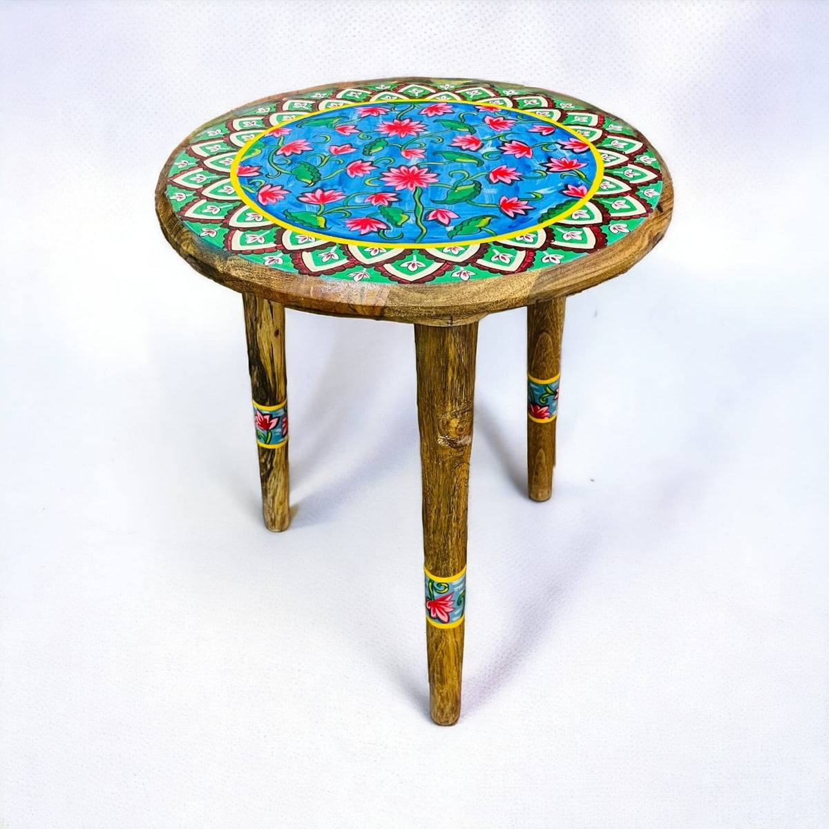 Lotus and Green Wooden Hand Painted Side Table