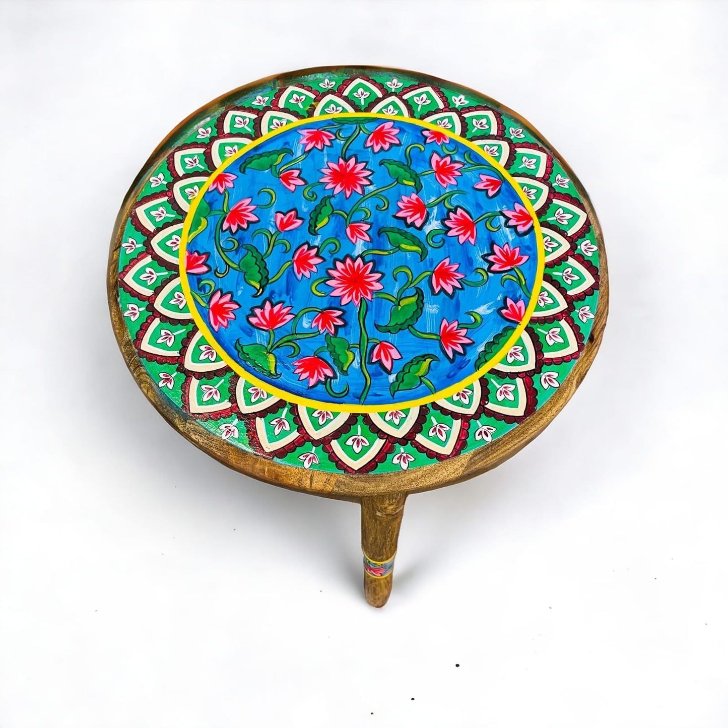 Lotus and Green Wooden Hand Painted Side Table