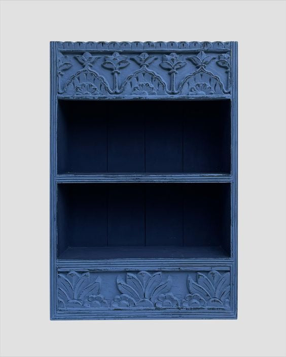 Vintage Rustic Blue Hand Carved Wooden Wall Shelf Cabinet