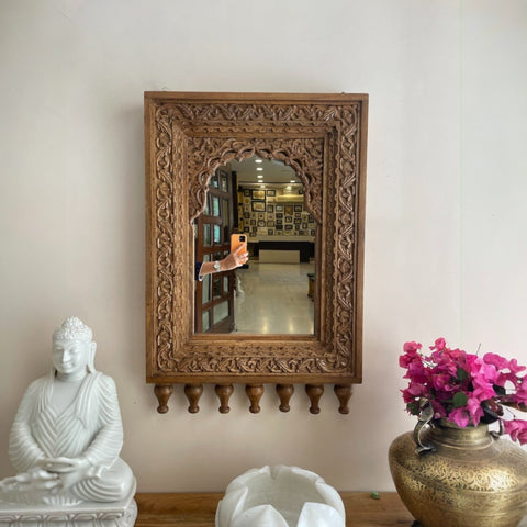 Indian Handcarved Wooden Jharokha Wall Mirror - Distressed Rustic Finish