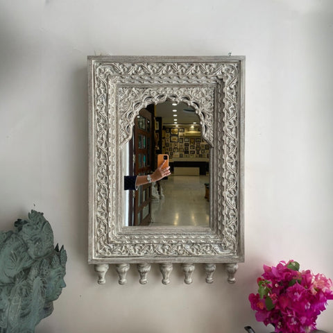 Indian Handcarved Wooden Jharokha Wall Mirror - Distressed Rustic Finish