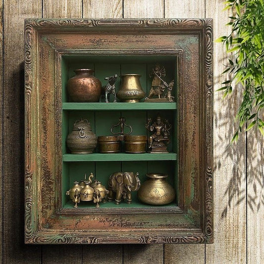 Vintage Hand Carved Wooden Wall Shelf Cabinet