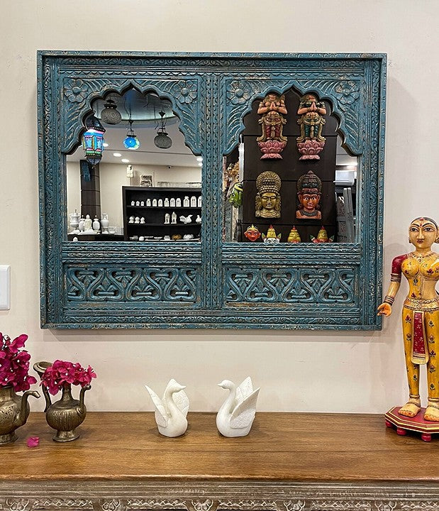 Two Jharokha Mirror Intricately Hand Carved Vintage Wood Mirror