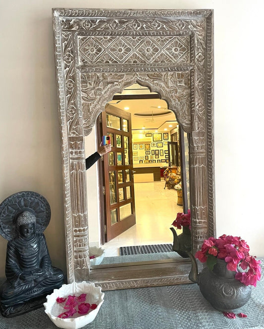 Indian Handcarved Wooden Wall Mirror Vintage Jharoka