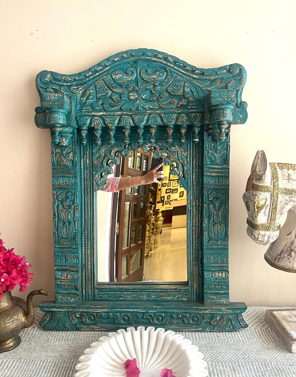 Indian Handcarved Wooden Wall Mirror | Jodhpur Vintage Style Mirror Frame